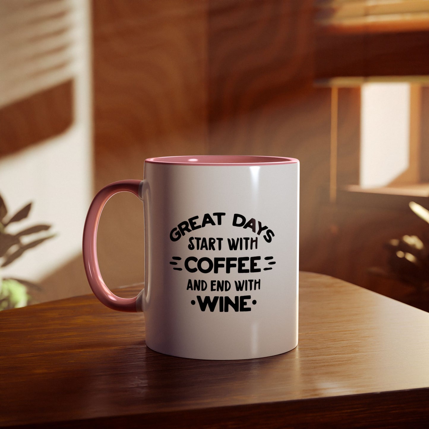 Two-Tone Coffee Mug, 11oz - Great days start with coffee and end with wine